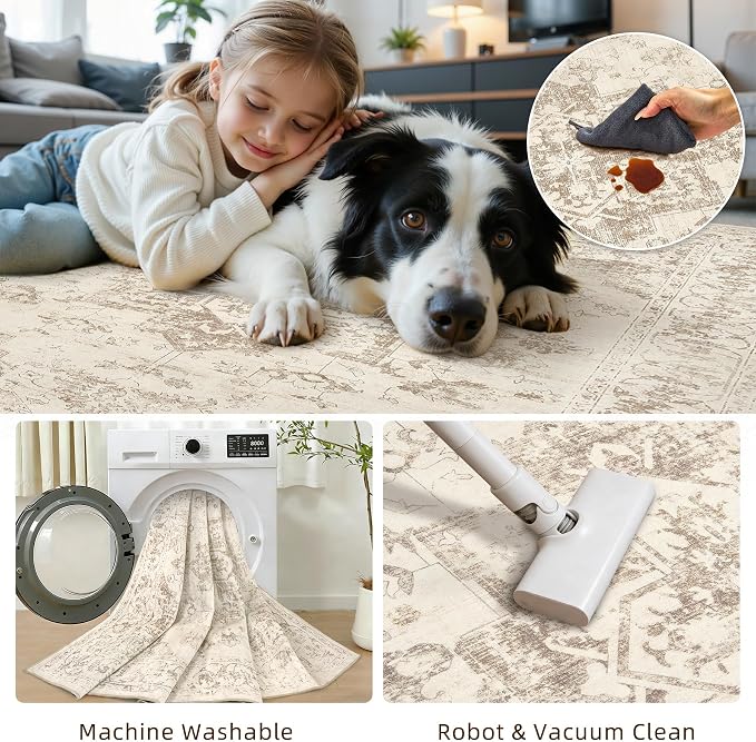 10x14 Area Rug for Living Room: Vintage Boho Neutral Washable Rug Indoor Soft Large Area Rug Carpet for Bedroom Nursery Farmhouse Dining Room Office Floor Non-Slip Low Pile Under Table Rug Beige/Ivory