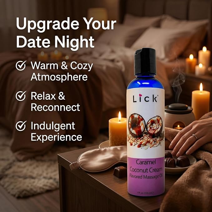 Lick Caramel Coconut Cream Flavored Massage Oil – Tropical Edible Massage Oil with Sweet Almond Oil & Vitamin E, Hydrating Body-Safe Formula for Relaxing Couples Massage, 4 oz
