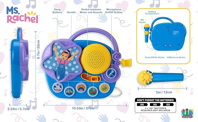 eKids Ms Rachel Karaoke Microphone with Boombox for Fans of Toddler Toys, Kids Karaoke Machine with Built in Music, Great Gifts for Kids