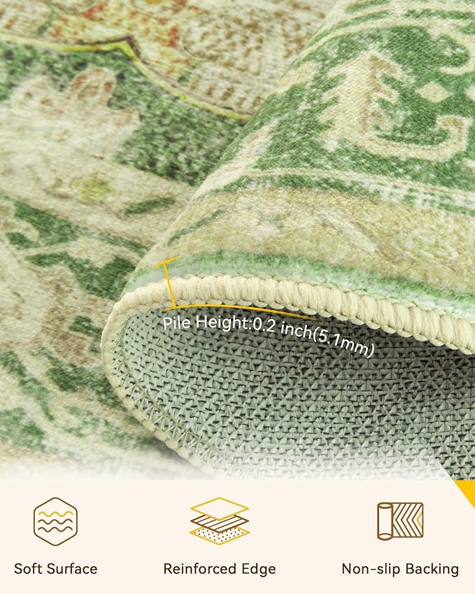 RELEANY Area Rugs Round 10ft Washable Non-Slip, Floral Vintage Distress Medallion Carpet for Living Room Bedroom Dining Room, Sage Green Yellow