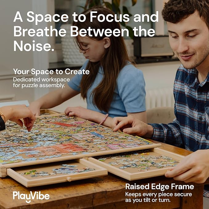 PlayVibe 1000 Piece Puzzle Board with Drawers and Cover - Portable Wooden Jigsaw Puzzle Tray with Drawers, Solve Station & Sturdy Table, Cozy Indoor Game Night