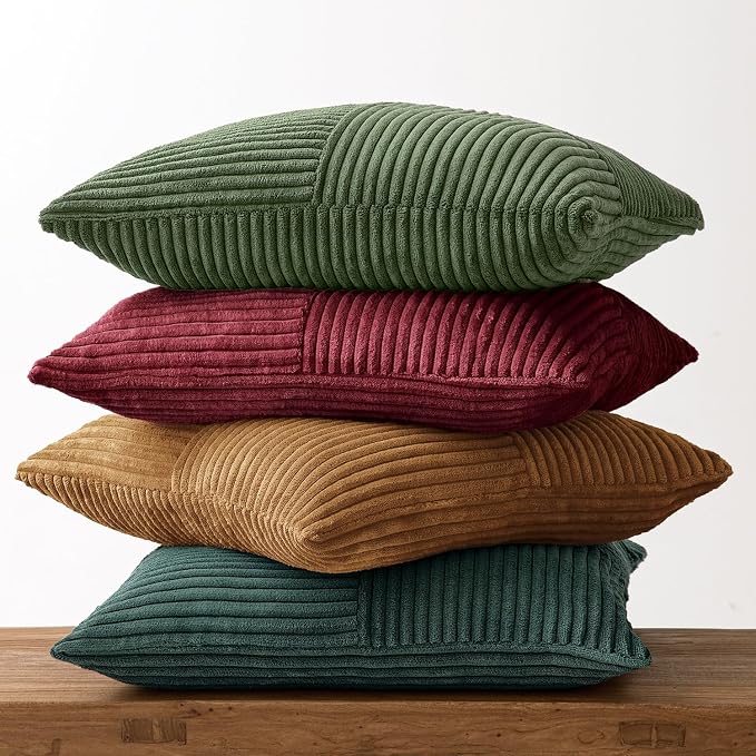 MIULEE Boho Christmas Green Decorative Throw Pillow Covers 18x18 Set of 4 Farmhouse Cushion Covers Color-Clash Corduroy Pillow Cases Modern Soft Corduroy Patchwork Home Decor for Couch Sofa Bedroom
