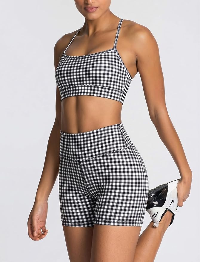 ABOCIW Workout Sets for Women 2 Piece Color Block Strappy Sports Bra High Waist Shorts Gym Yoga Pilates Outfits