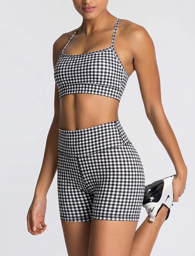 ABOCIW Workout Sets for Women 2 Piece Color Block Strappy Sports Bra High Waist Shorts Gym Yoga Pilates Outfits