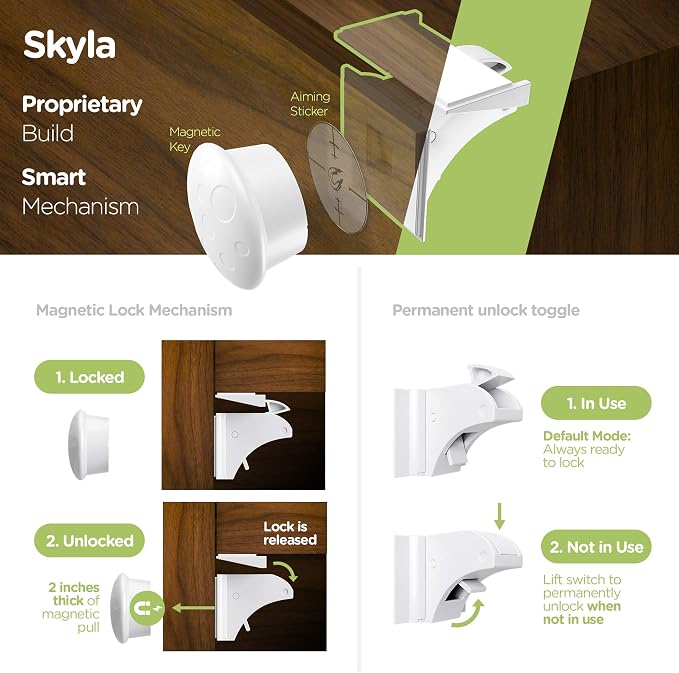 SKYLA HOMES Magnetic Cabinet Locks Baby Proofing Child Safety - The Safest Quickest and Easiest Multi-Purpose 3M Adhesive Child Proof Latches, No Screws or Tools Needed (4 Pack)