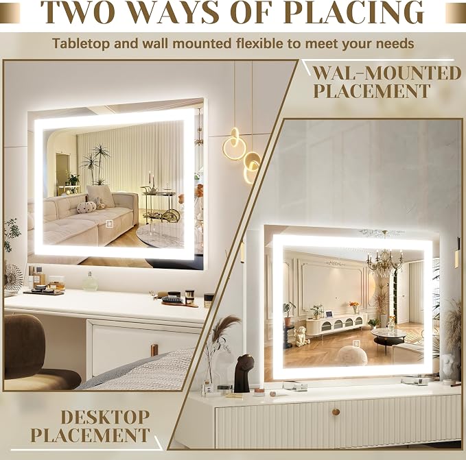 ROLOVE 22x20 Inch Lighted Vanity Mirror, 3-Mode Touch Dimming LED Lighting, Large Makeup Mirror for Dressing Room, Tabletop or Wall-Mounted, White