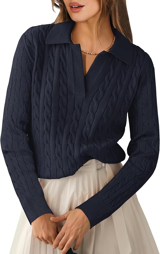 ANRABESS Womens Cable Knit Sweaters Long Sleeve V Neck | Pullover Collared Sweater Tops, Polo Knit Shirts, Business Casual Work, Tennis Golf, Fall Winter Fashion Outfits