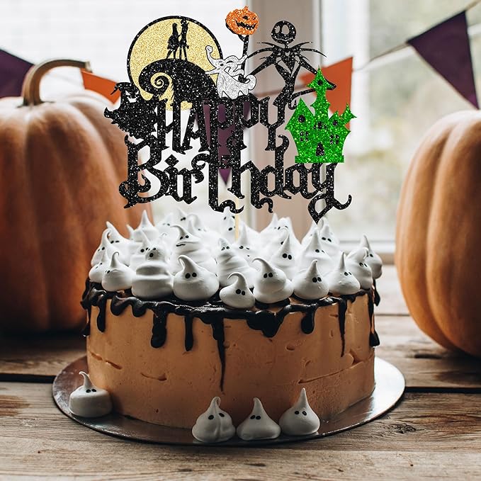 Gyufise 1Pcs Halloween Happy Birthday Cake Topper Glitter Jack and Sally Pumpkin Bat Castle Ghost Cake Pick for Theme Baby Shower Kids Birthday Party Cake Decorations