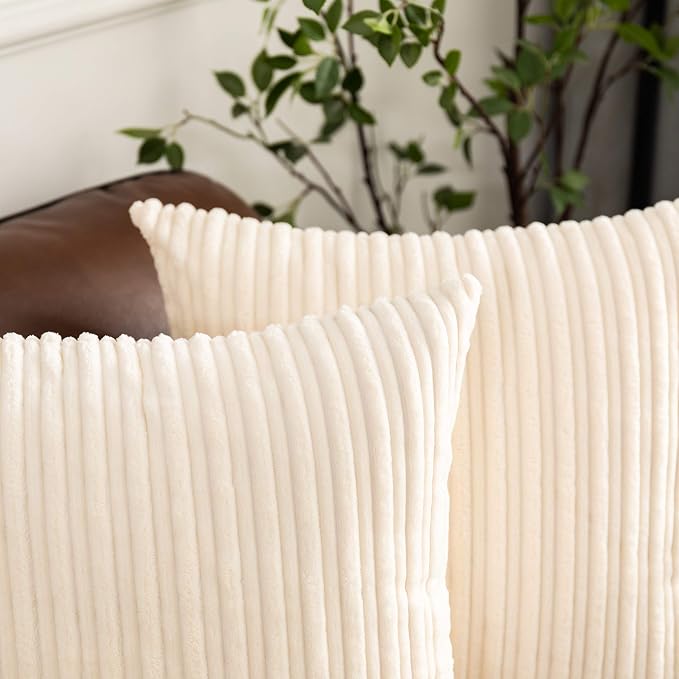 UGASA Corduroy Striped Soft Soild Decorative Square Throw Pillow Covers Set Cushion Cases Pillowcases for Sofa Bedroom, 2 Pcs, 26x26inch, Cream