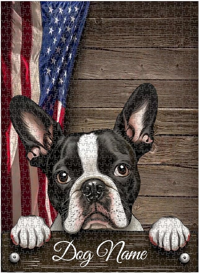 Custom Wooden Jigsaw Puzzles with Your Dog's Name on Boston Terrier Art Print - 300 500 1000PCS Puzzles Game and Home Wall Decor