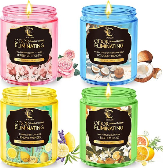 4 Pack Odor Eliminating Candles Set for Pet Smoke, Scented Candles for Home Decor Non Toxic Soy Wax Candle for Relaxing Stress Relief Women Men, 50 Hours Burning Time, House Warming Gifts for Host