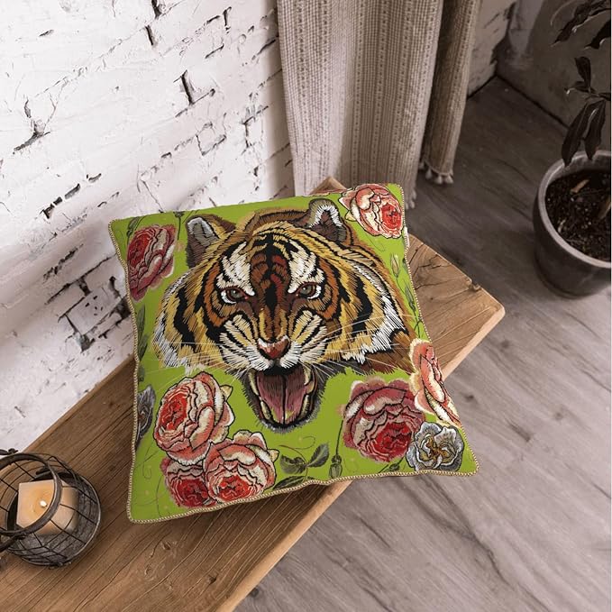 Tiger Flower Green Velvet Pillow Covers 18x18 Inch Pink Floral Animal Throw Pillows for Couch Cushion Covers Pillowcase Farmhouse Modern Pillow Cases for Sofa Bed Living Room Bedroom