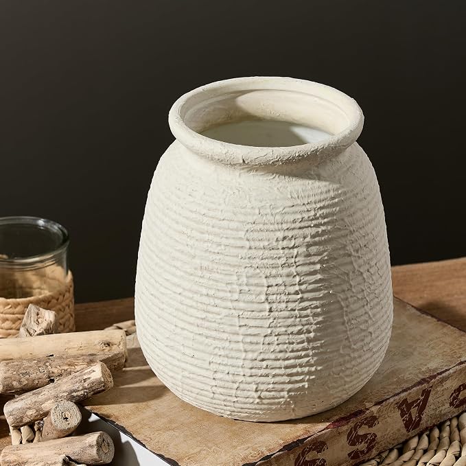 Ceramic Flower Vases Home Decor, Rustic Farmhouse Decorative Vase Pottery Wide-Mouth Vases for Home Decor Table Living Room Entryway Mantel Bookshelf Bedroom Bathroom Kitchen - 7.48" W