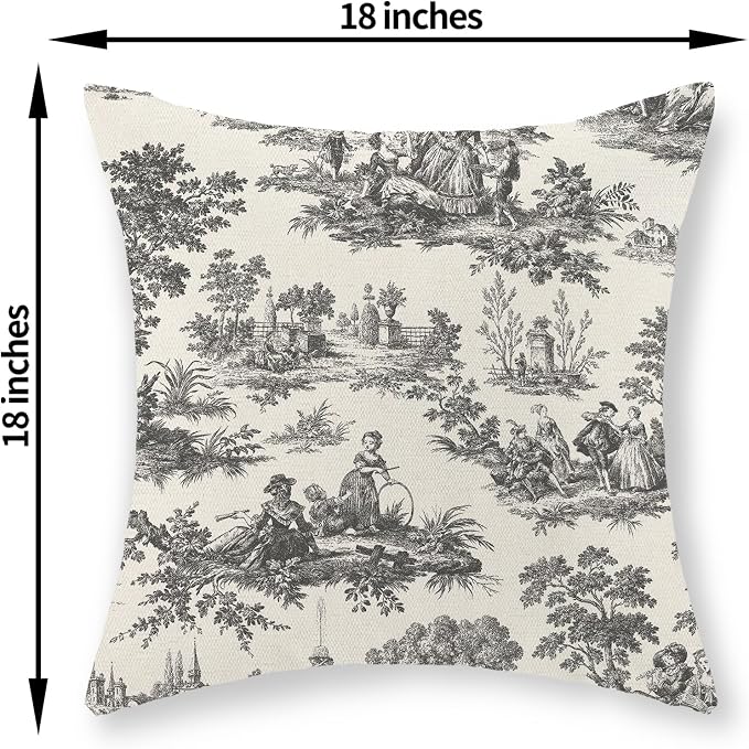 French Country Pillow Covers 18x18 Set of 2 Vintage Black Grey Toile Throw Pillows Outdoor French Country Decorative Pillow Cases Rustic Cottage Farmhouse Cushion Case for Couch Sofa Decor