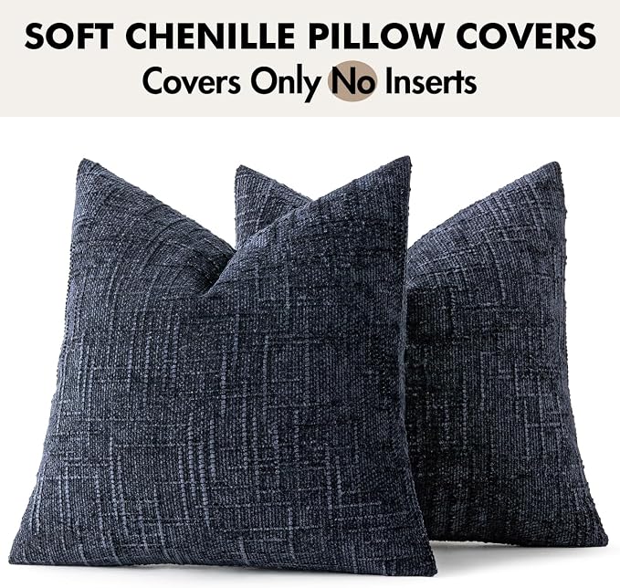 MIULEE Chenille Textured Throw Pillow Covers Navy Blue 20x20 Set of 2 | Slubby Decorative Pillows, Boho Farmhouse Coastal Decor, Modern Neutral Cushion Covers for Couch Sofa Bed Living Room