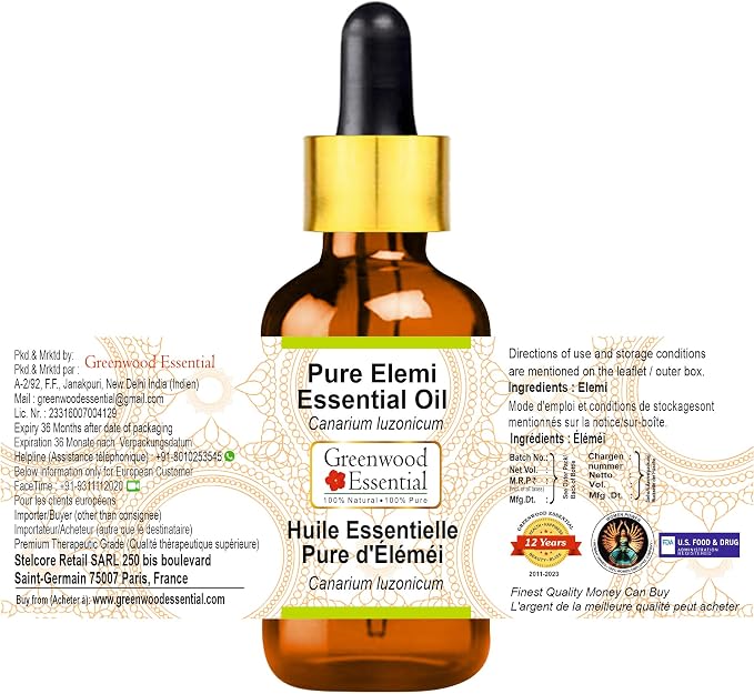 Greenwood Essential Elemi Essential Oil (Canarium luzonicum) with Glass Dropper | Pure | Non-Sticky | Non-Greasy | Lightweight | Men & Women | All Skin Types | Steam Distilled 10ml (0.33 oz)