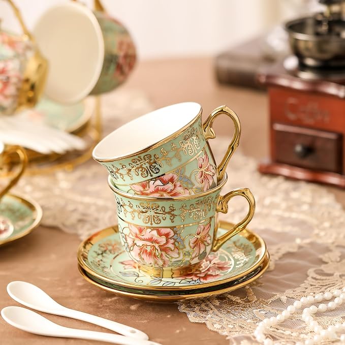 20 Pieces Porcelain Tea Set With Metal Holder, European Ceramic tea set for adults,Flower Tea Set,Tea Set For Women With Flower Painting（Light Green）
