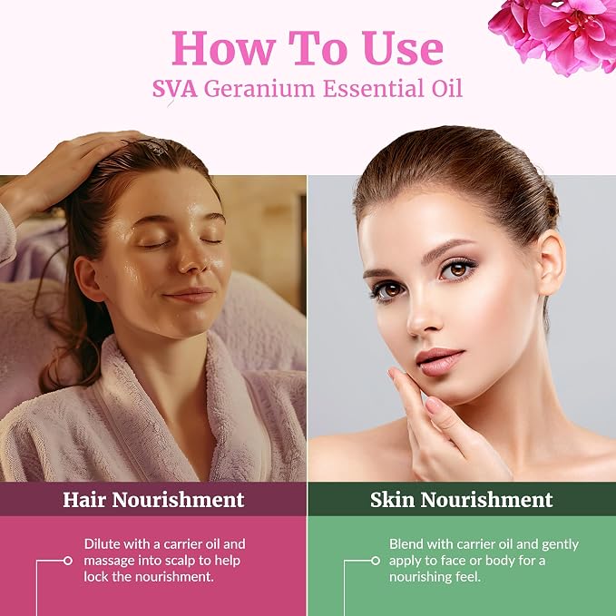 SVA Geranium Essential Oil Organic – 1 Fl Oz – 100% Natural Organic Geranium Oil - for Diffuser, Hair Care, Face, Skin Care, Aromatherapy, Scalp and Body Massage, Soap and Candle making – with Dropper