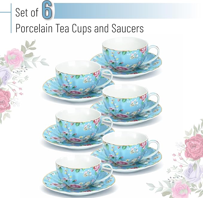 BTaT- Floral Tea Cups and Saucers, Set of 6, 7 oz, Fine Porcelain Teacup Set with Gold Trim for Afternoon Tea, Weddings, Parties & Gifting, Dishwasher Safe and Freezer Safe