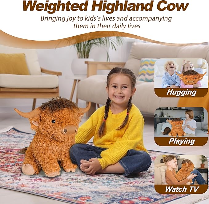 Highland Cow Weighted Stuffed Animals, 4 Lbs Brown Highland Cow Plush 13.7 Inches, Surprise Weighted Stuffed Animals Gift for Kids Birthdays, Halloween, Christmas (Brown)