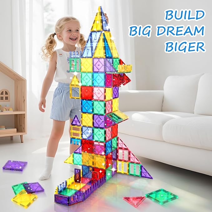 100 Pieces Magnetic Tiles for Kids Ages 4-8, Glitter Magnetic Building Tiles Preschool Learning Magnet Toys, STEM Sensory Magnet Building Blocks for Toddlers 3 4 5 6 7 8+ Year Old Boys Girls