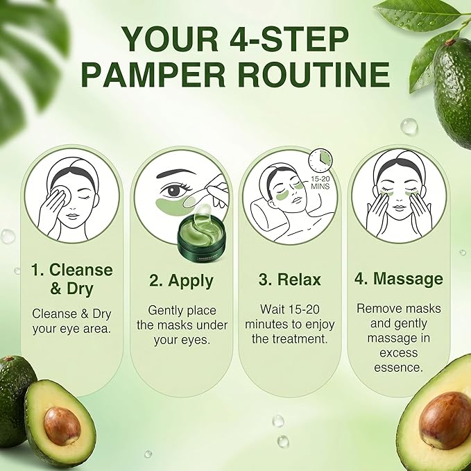 Avocado Eye Mask 60 PCS, Under Eye Patches for Dark Circles and Puffiness, Moisturizing Nourishing Eye Treatment Mask, Improving Eye Skin Dryness, Fine Lines and Wrinkles, Parches para Ojeras