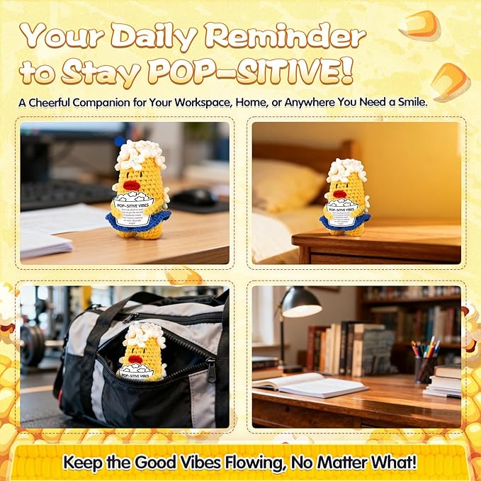 Don't Be Afraid to Pop! Positive Corn Crochet Gift - Encouraging Uplifting Present for Anxiety Stress Relief, Fun Inspirational Plushie for Women Men Teens, Office Home Desk Reminder