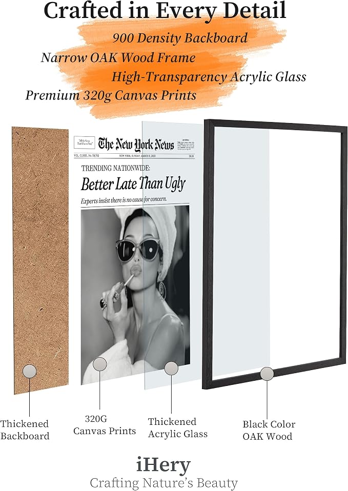 iHery 8x10in Audrey Hepburn Better Late Than Ugly Framed Bathroom Art | Premium Black Natural OAK Wood Frame with Canvas Print, Vintage Fashion Wall Decor for Bedroom, Apartment Girl Dorm, 1Pack