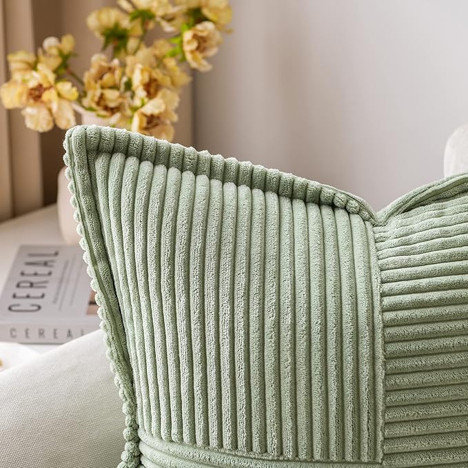 MIULEE Decorative Lumbar Throw Pillow Covers 12x20 Inch Sage Green 2 Pack | Boho Broadside Striped Patchwork Pillow Covers, Soft Corduroy Cushion Cases, For Couch Sofa Bed Livingroom Home Decor