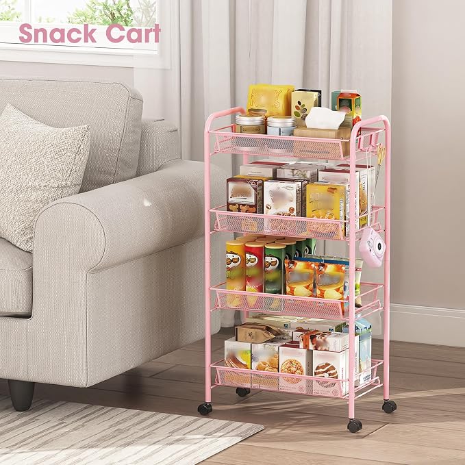 TOOLF 4 Tier Rolling Cart, Metal Utility Storage Cart with Wheels, Pink | 3 Hooks, Screwless Assembly, Trolley Organizer for Bathroom, Kitchen, Office, Nursery, Dorm, Laundry Room