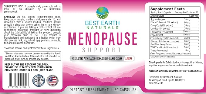Best Earth Naturals Menopause Support for Hot Flashes, Mood Swings, Night Sweats, Healthy Hormone Levels and More. Made with Black Cohosh, Chasteberry & More