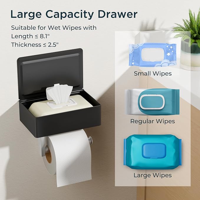 FORIOUS Toilet Paper Holder with Shelf, Sanitary Napkin Receptacle Tampon Holder, Wall Mount Toilet Paper Holder with Storage, Flushable Wipes Dispenser Fits for Bathroom Commercial Black & Nickel