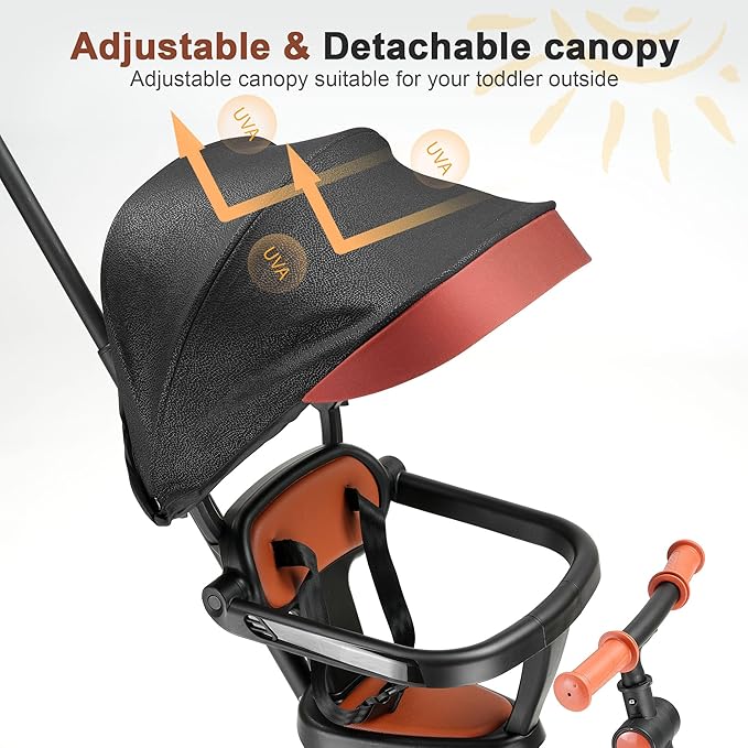 7-in-1 Foldable Baby Tricycle with Removable Canopy – Adjustable Parent Handle, Safety Harness & Wheel Brakes for Toddlers 1-5 Years Old, Balance Bike & Push Trike Gift for Boys & Girls, Black