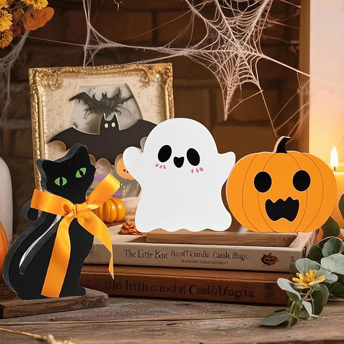 Cute Halloween Ghost Decor-Cute Halloween Tiered Tray Decorations Indoor, Ghost Wooden Decor Black Cat Pumpkin Blocks Signs (Set of 3) for Home Shelf Mantel Tabletop Windowsill Party