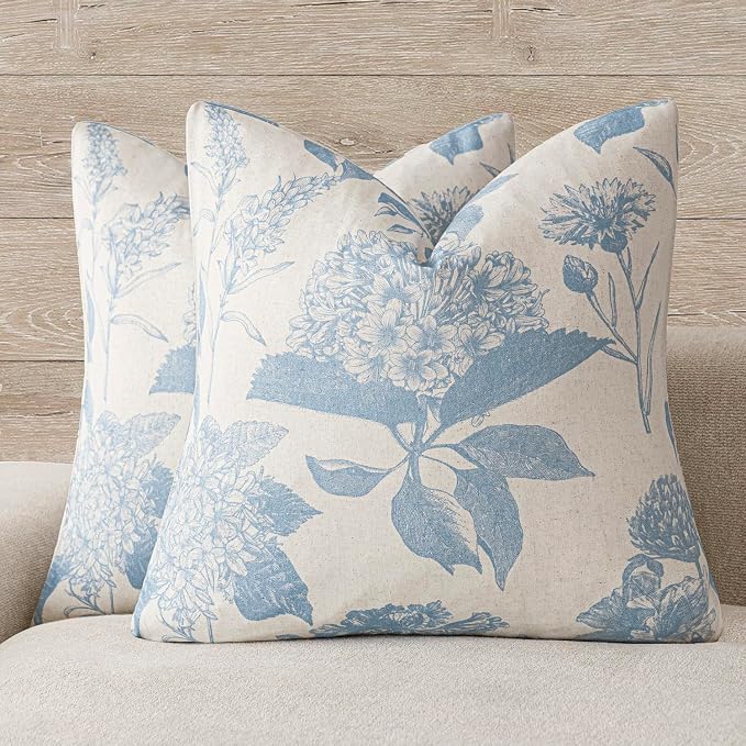 Foindtower Set of 2 Linen Floral Vintage Throw Pillow Covers Neutral Accent Decorative Cozy Cushion Covers Farmhouse Boho Home Decor for Sofa Chair Couch Bedroom Living Room,20×20 Inch,Sky Blue