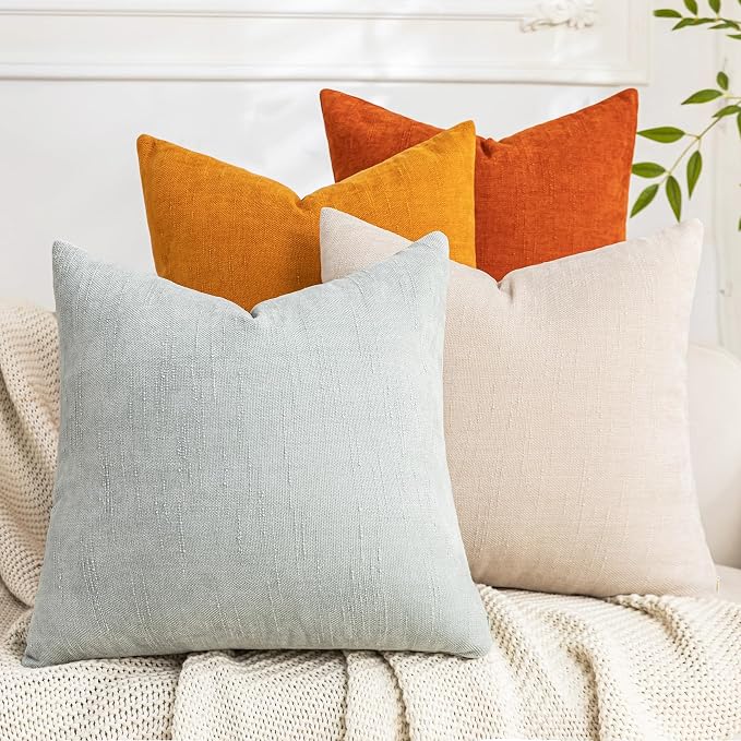 Set of 4 Soft Textured Decorative Throw Pillow Covers 20x20 Inch Cozy Farmhouse Cushion Cover Square Accent Pillow Cases for Bed Couch Sofa Living Room, Beige Aqua Burnt Orange
