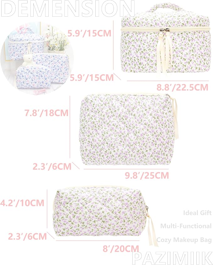 PAZIMIIK 3PCS Makeup Bag SET Large Travel Quilted Zipper Soft Cosmetic Case Pouch for Women Girls Make Up,Floral Purple