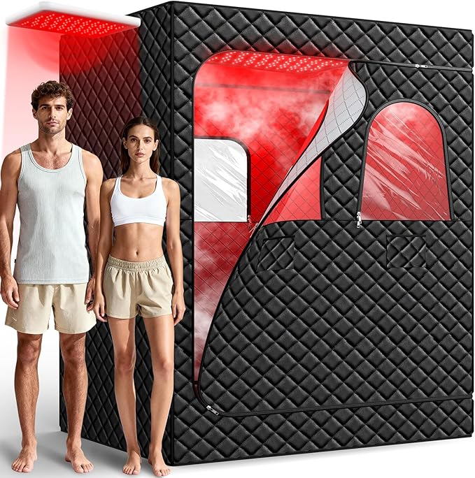 iTHERAU 2 Person Infrared Sauna Box for Home, Portable Steam Sauna Room with 660nm＆850nm Red Light Therapy Lamp, 5-Layer Waterproof, 2 Steamers, 2 Folding Chair