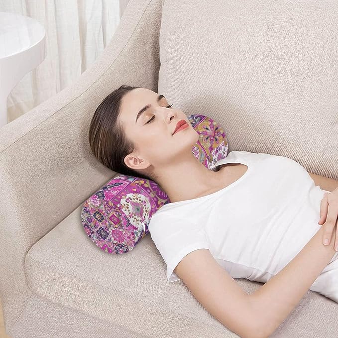 Neck Roll Pillow Bolster Pillows Round Health Memory Foam Long Cervical Cylinder Body Removable Washable Cover Bed Legs Back Yoga Pink Boho Tiles