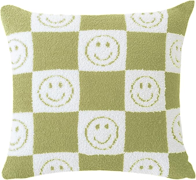 Pack of 2 Ultra Soft Cozy Happy Smiling Face Checkered Knitted Throw Pillow Cover Fluffy Microfiber pillocase Decorative for Sofa Bed 18 Inches Both Sides (Green)