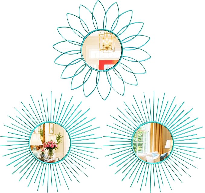 3 Pack Metal Mirrors for Wall Sunburst Wall Mirrors Home Décor Decorative Hanging Wall Art for Living Room Bedroom Entryway (Greenish Blue, Flower+Sunburst)