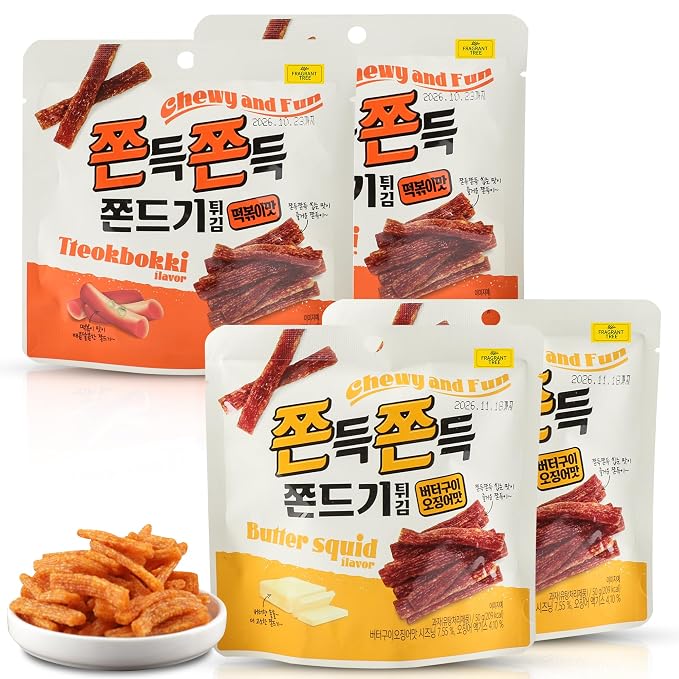 Jjondigi Korean Traditional Chewy Wheat Snack – Butter Grilled-styie Squid & Spicy Rice Cake Flavors(Tteokbokki) 4-Pack (7oz / 50g Each) | 쫀득쫀득 쫀드기