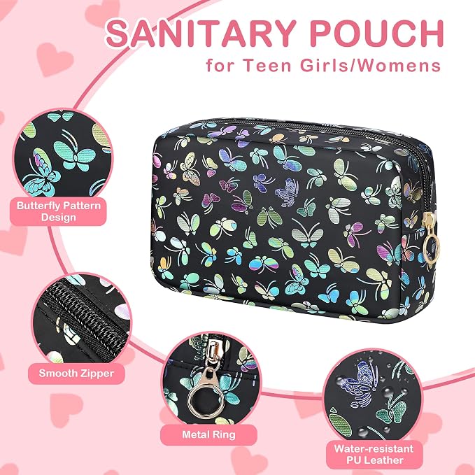Likesing Tampon Holder for Purse, PU Period Bag Sanitary Napkin Storage Bag for Girls Womens, Portable Feminine Emergency Pad Tampon Period Pouch Sanitary Bags(Butterfly Black)