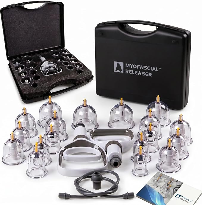 Myofascial Releaser Professional Cupping Therapy Set - 18 Multi-Sized Vacuum Cups with Two Hand Pumps and Detailed Cupping Book - Massage Cupping Set for Massage Therapists