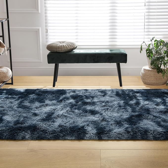 Tepook Soft Runner Rugs for Bedroom Living Room, Fluffy Plush Rug 2x6 for Kids Girls Room, Shag Furry Area Rug Non Slip Carpet for Nursery Children Dorm Home Decor, Tie-dye Dark Blue