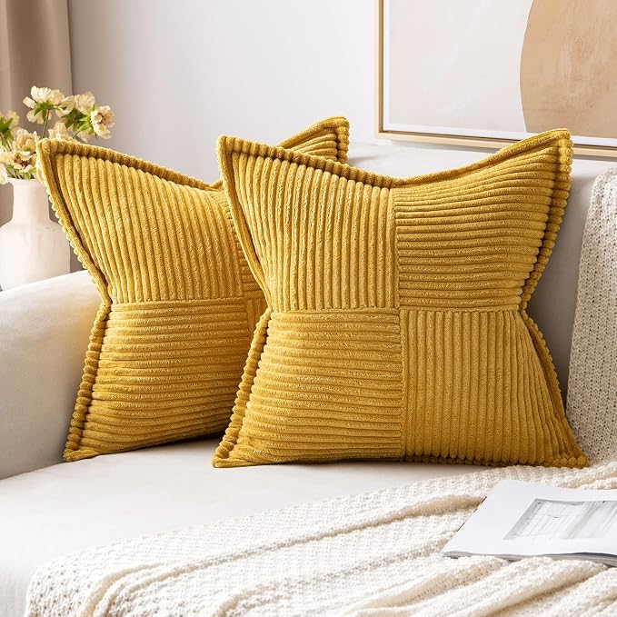 MIULEE Decorative Throw Pillow Covers for Couch 16x16 Inch Mustard Yellow | Boho Broadside Striped Patchwork Pillow Covers, Soft Corduroy Cushion Cases, For Sofa Bed Livingroom Home Decor