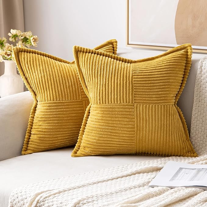 MIULEE Decorative Throw Pillow Covers for Couch 20x20 Inch Mustard Yellow | Boho Broadside Striped Patchwork Pillow Covers, Soft Corduroy Cushion Cases, For Sofa Bed Livingroom Home Decor