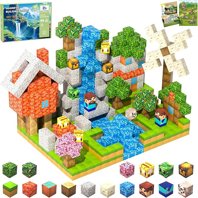 Magnetic Blocks, 48PCS Magnetic Building Blocks Cube Toys Stacking, Build Forest Cabin Set, STEM Sensory Toys for Kids Boys Girls Age 3+ Easter/Birthday/Christmas/Children's Day Gifts (Forest Cabin)