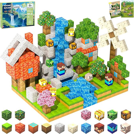 Magnetic Blocks, 48PCS Magnetic Building Blocks Cube Toys Stacking, Build Forest Cabin Set, STEM Sensory Toys for Kids Boys Girls Age 3+ Easter/Birthday/Christmas/Children's Day Gifts (Forest Cabin)
