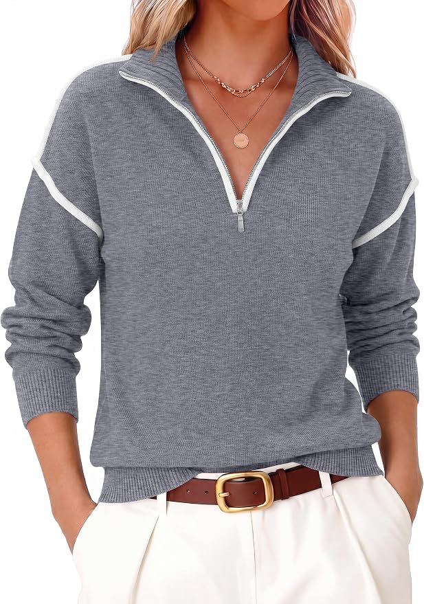 ANRABESS Womens Quarter Zip Sweaters Fall Long Sleeve V Neck Shirts Collared Business Casual Tops Knit Pullover Sweatshirts